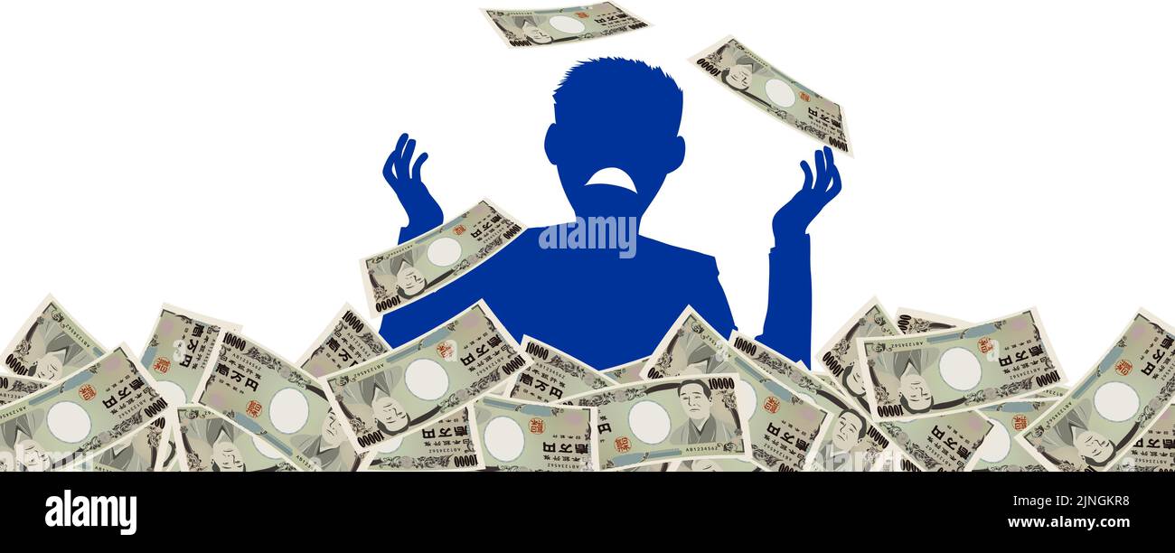 Illustration where a person who lost a lot of money is buried in money  Image of debt Stock Vector
