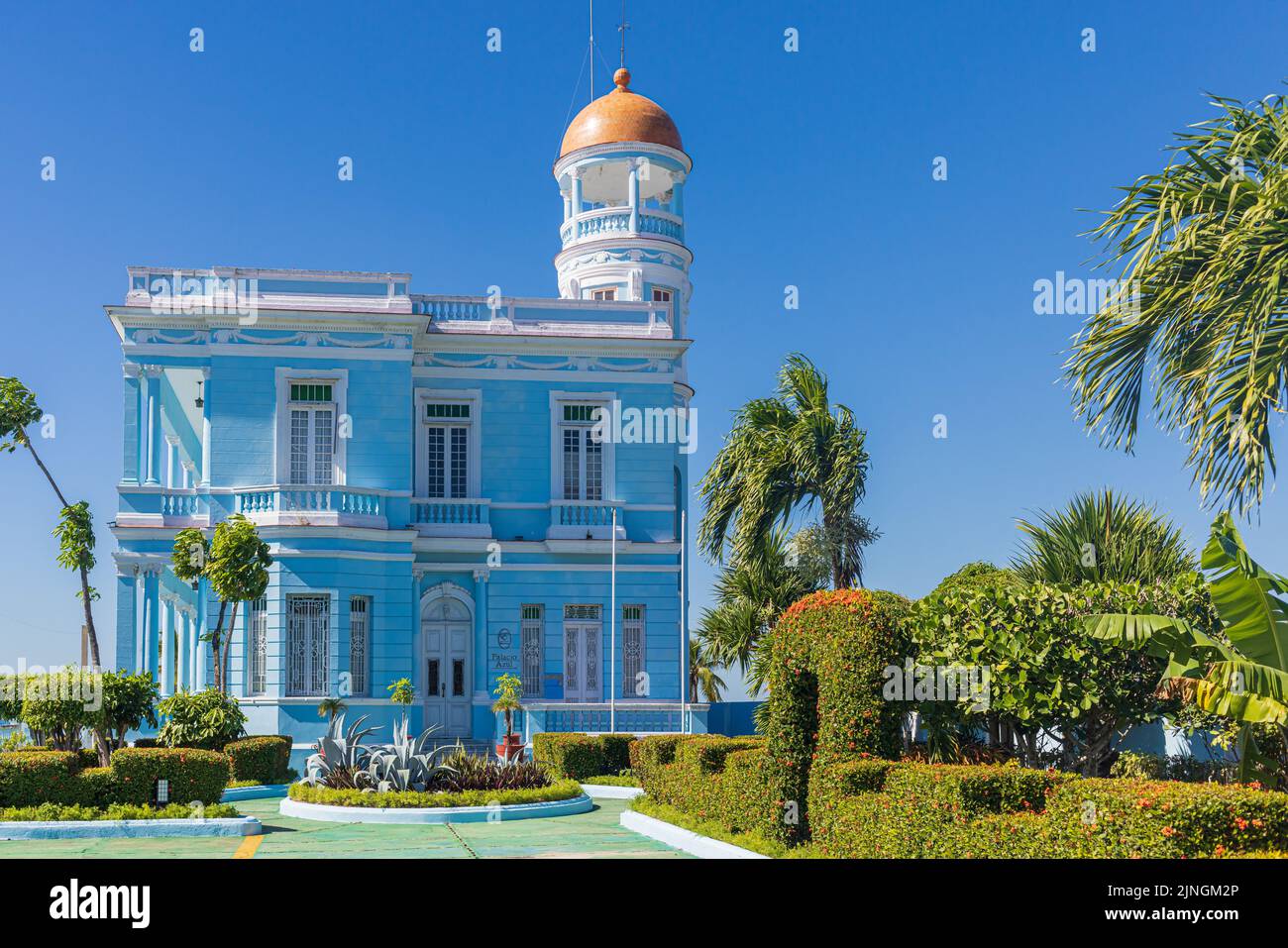 CIENFUEGOS, CUBA - JANUARY 10, 2021: Hotel Palacio Azul, an ecletic style palace in Cienfuegos, Cuba Stock Photo