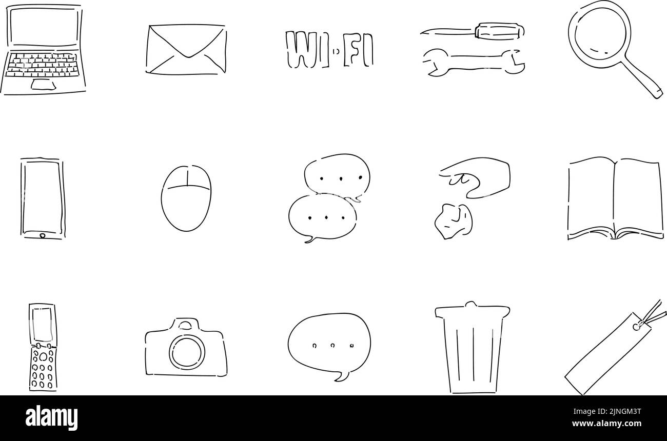 Rough handwritten icon set: vector illustration of computer and speech ...