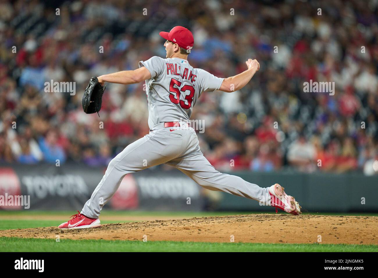August 10 2022: Saint Louis pitcher Andre Palante (53) throws a pitch during the game with Saint Louis Cardinals and Colorado Rockies held at Coors Field in Denver Co. David Seelig/Cal Sport Medi Stock Photo