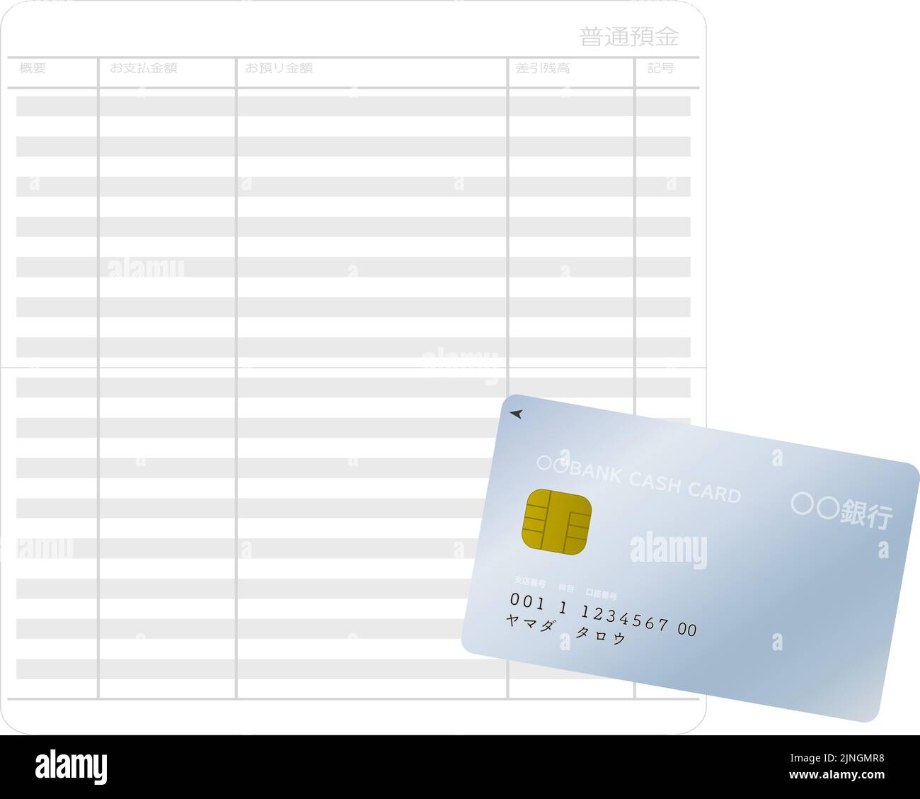 Opened Passbook  and cash card    Translation: Ordinary deposit  overview  payment amount  deposit amount  balance  mark  bank  cash card  Taro Yamada Stock Vector