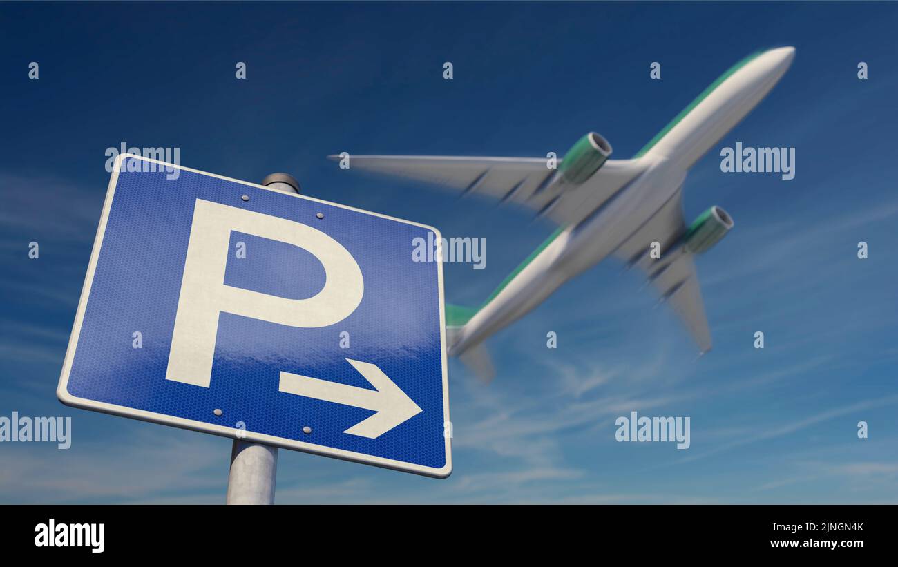 Parking sign at the airport with plane taking off Stock Photo