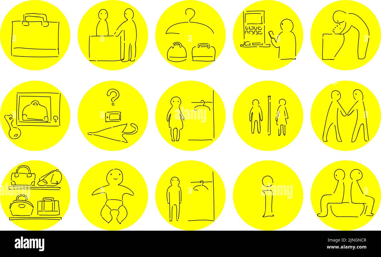 Rough handwritten icon set: vector illustration of changing room, toilet, etc.  Yellow on black Stock Vector