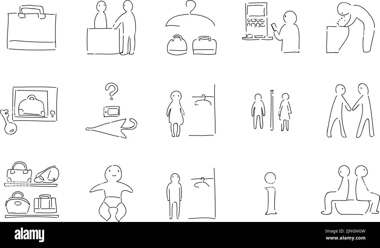 Rough handwritten icon set: vector illustration of changing room, toilet, etc.  Black and white version Stock Vector