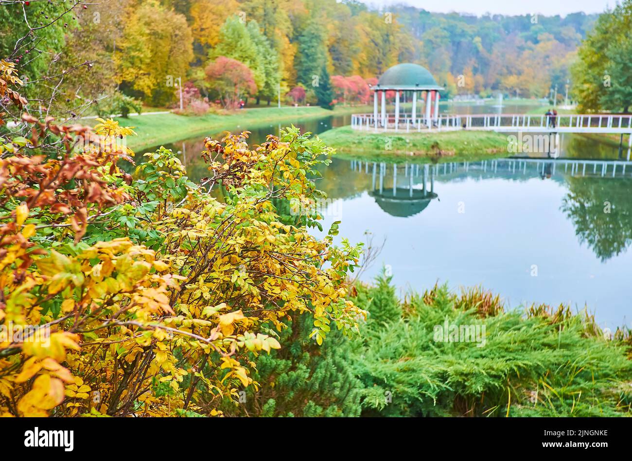 Feofania park with beautiful autumn nature, Palladin ponds, small gazebo on the island, Kyiv, Ukraine Stock Photo