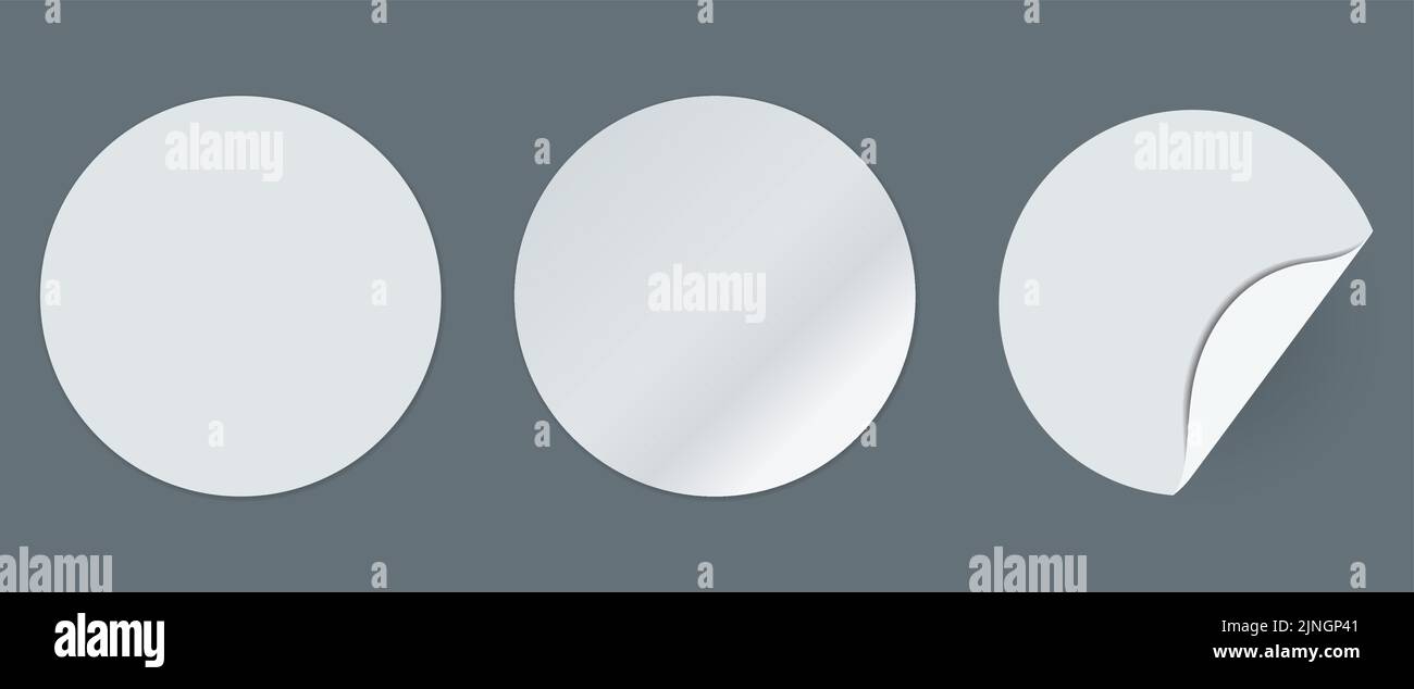 Round adhesive stickers with curved corner. White paper tags. Blank mockup circle sticky label