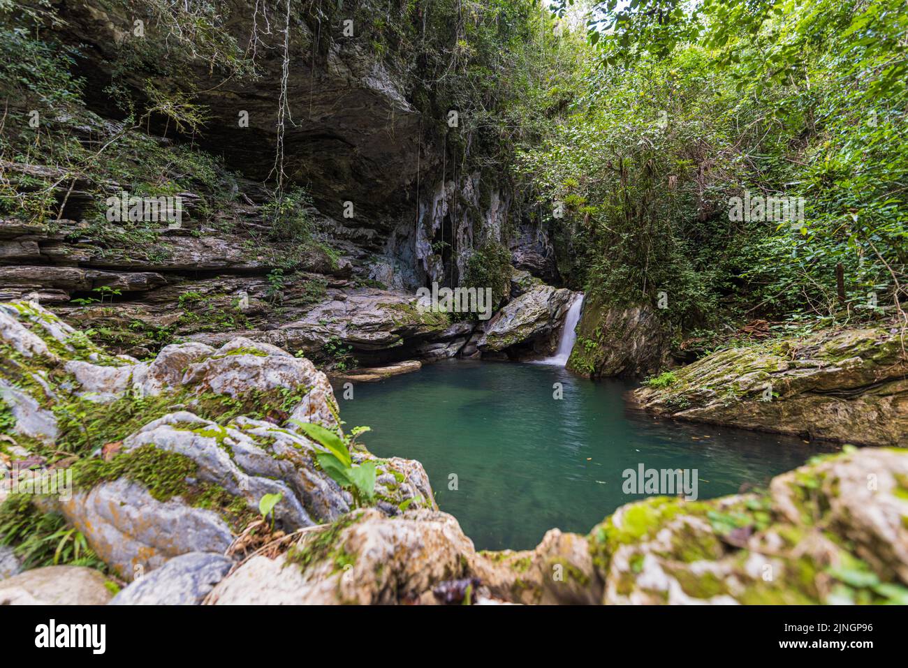 Guanayara, Cuba - January 6, 2021: Waterfalls at Gruta Nengoa at Guanayara National Park Cuba Stock Photo