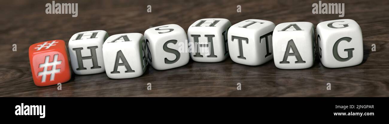 White dices with the word 'HASHTAG' on wooden underground Stock Photo