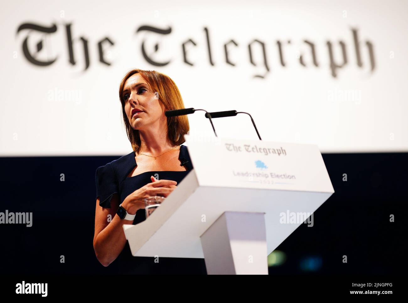 Camilla Tominey, Associate Editor of The Daily Telegraph speaks at a hustings event in Cheltenham, as part of Rishi Sunak's and Lizz Truss' campaign to be leader of the Conservative Party and the next prime minister. Picture date: Thursday August 11, 2022. Stock Photo