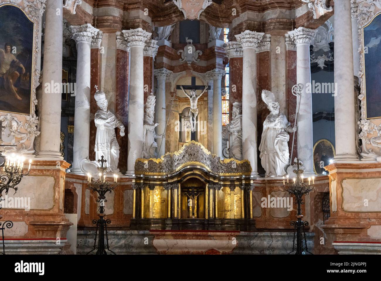 Altar and statues in the Baroque style interior, Church of St Johns, Vilnius University, Vilnius Old Town, Vilnius Lithuania Europe Stock Photo