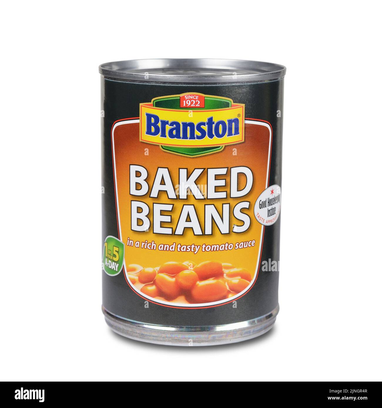 Tin of Branston brand Baked Beans in tomato sauce isolated on white