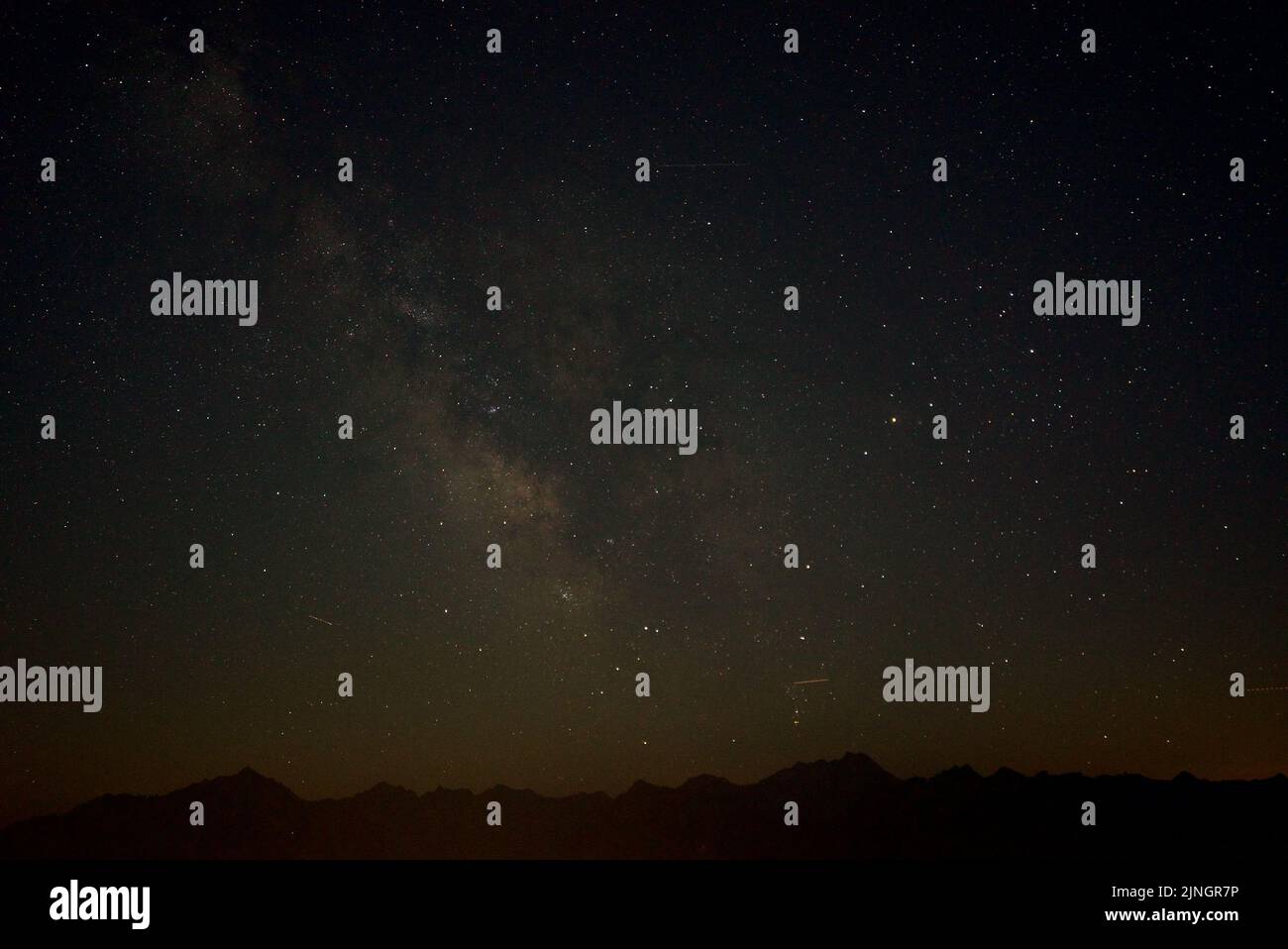 Clear view of the night sky, showing the Milky Way, taken from Pic de Cabaliros, Cauterets, Hautes-Pyrenees, France. (Voie Lactée, pyrénées français) Stock Photo