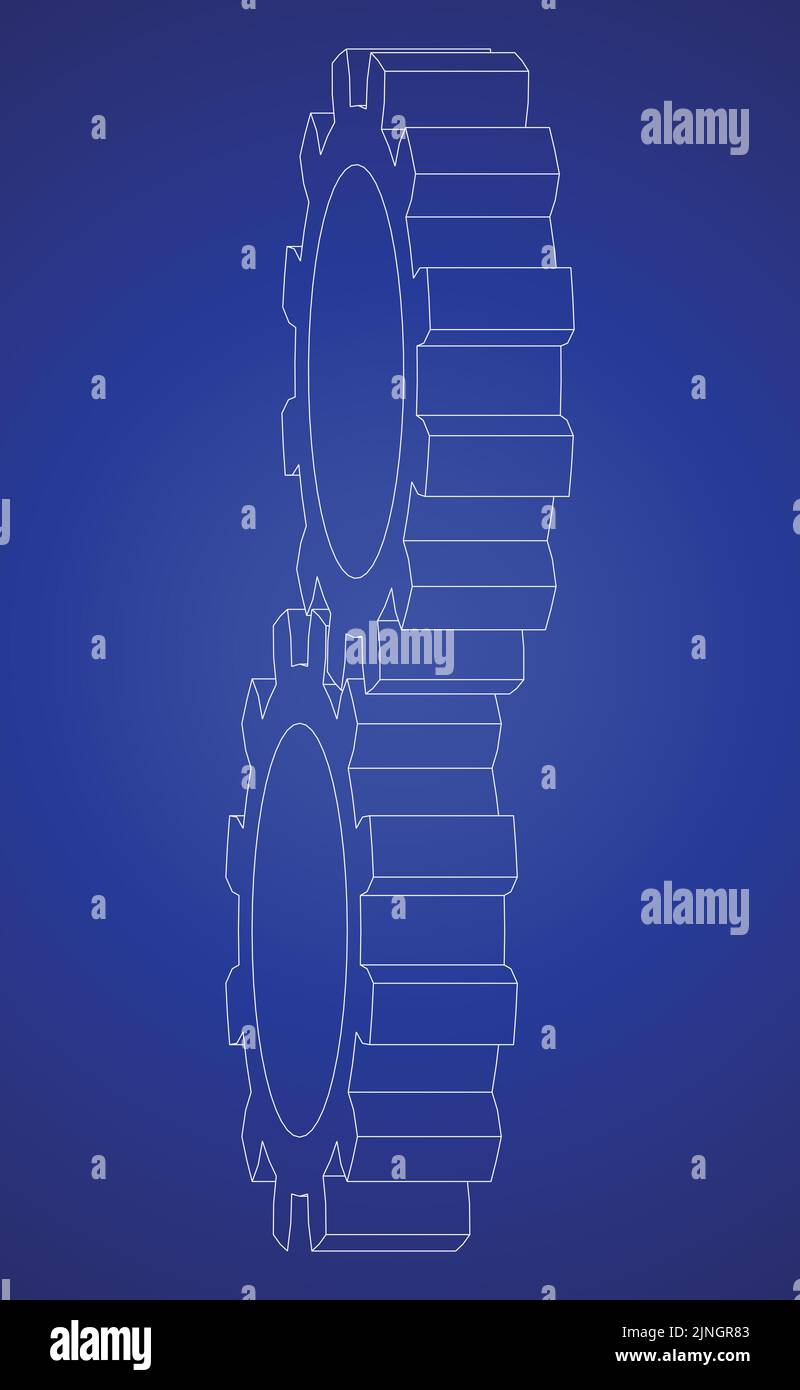 Vector illustration of gears line art on blue background representing a blue print Stock Vector
