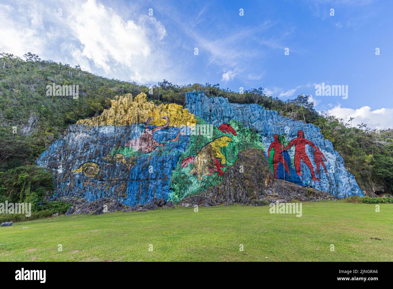 Mural de la Prehistoria (The Mural of Prehistory) in the Vinales valley, Cuba. Stock Photo