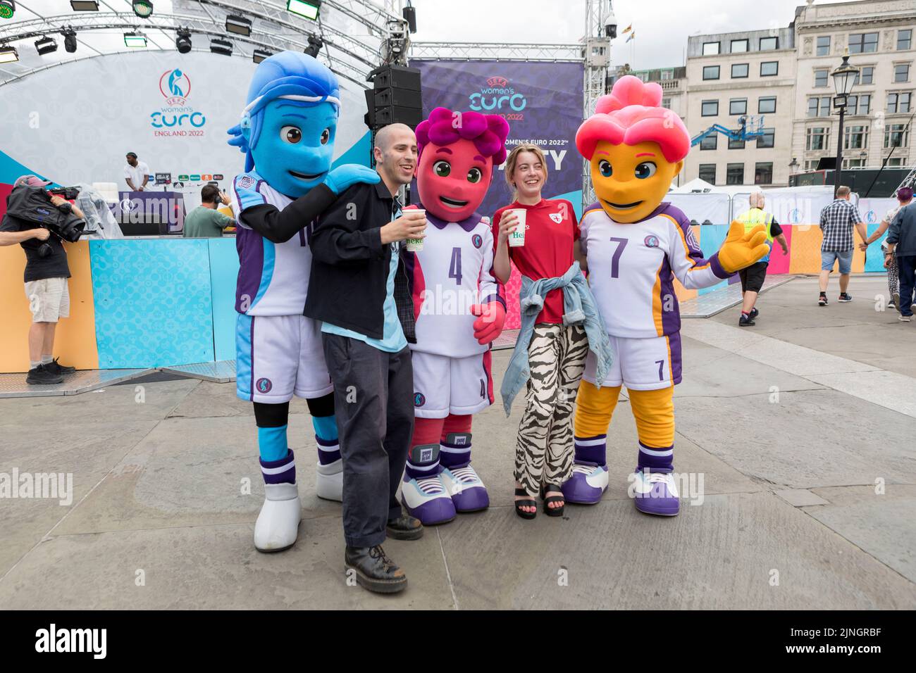 Football fans gather in Trafalgar Square ahead of tonight’s UEFA Women’s Euro 2022 Finals, in which England plays against Germany.   Image shot on 31s Stock Photo