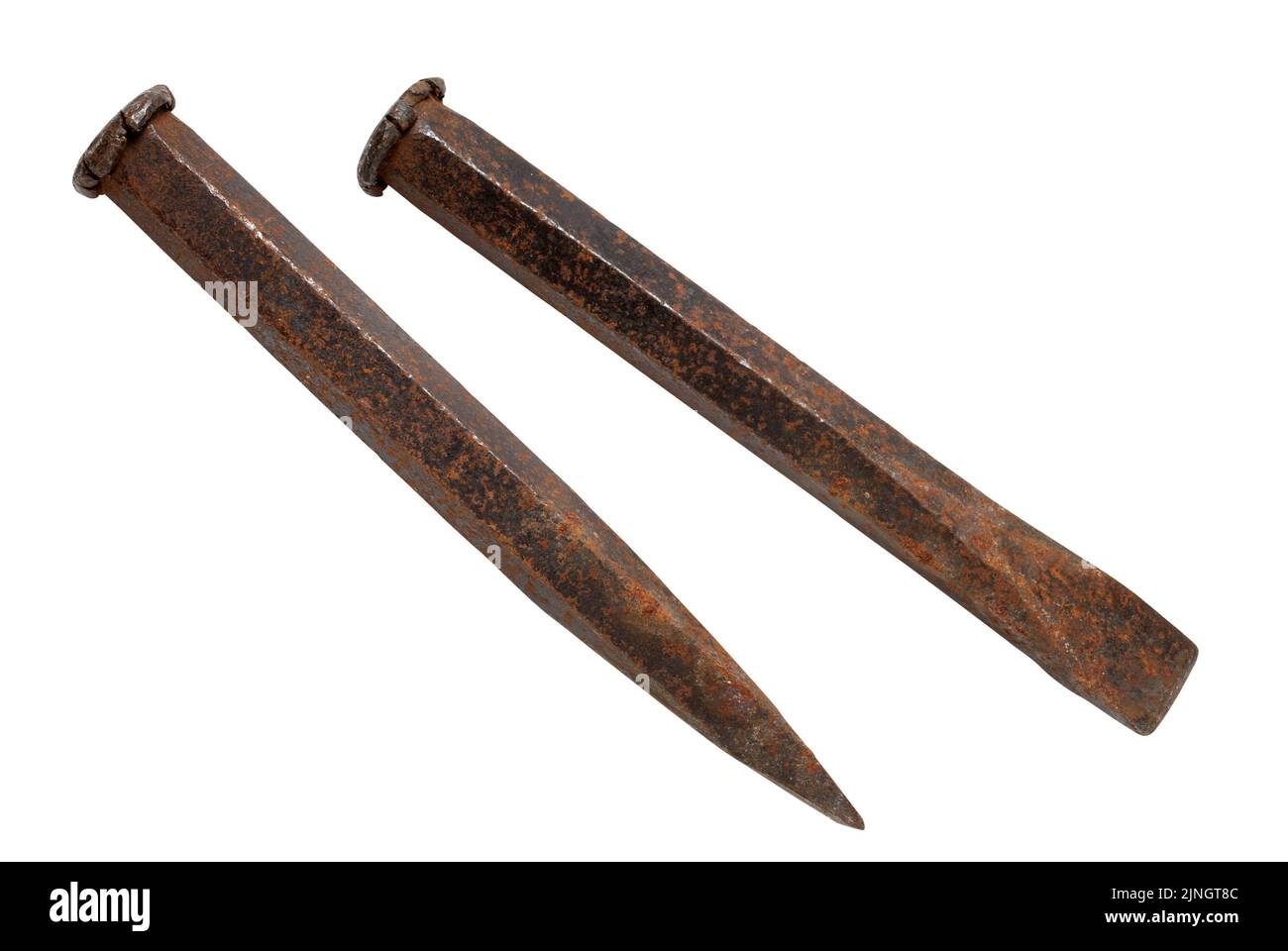 Two views of a rusty old metal chisel, isolated on white with path Stock Photo