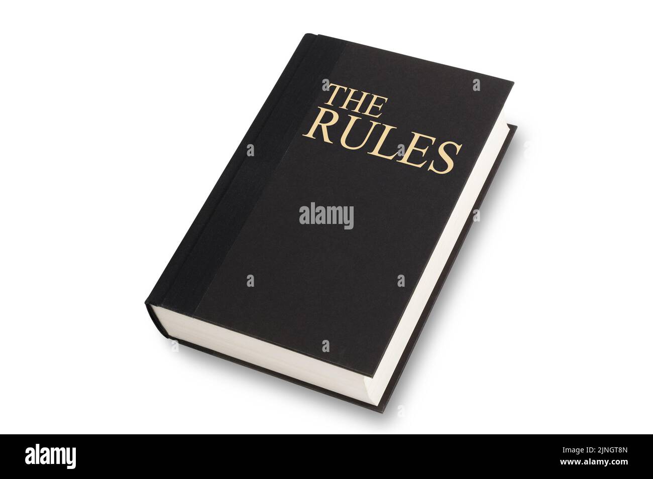 Black book with the words The Rules title on front. Isolated on white with path Stock Photo