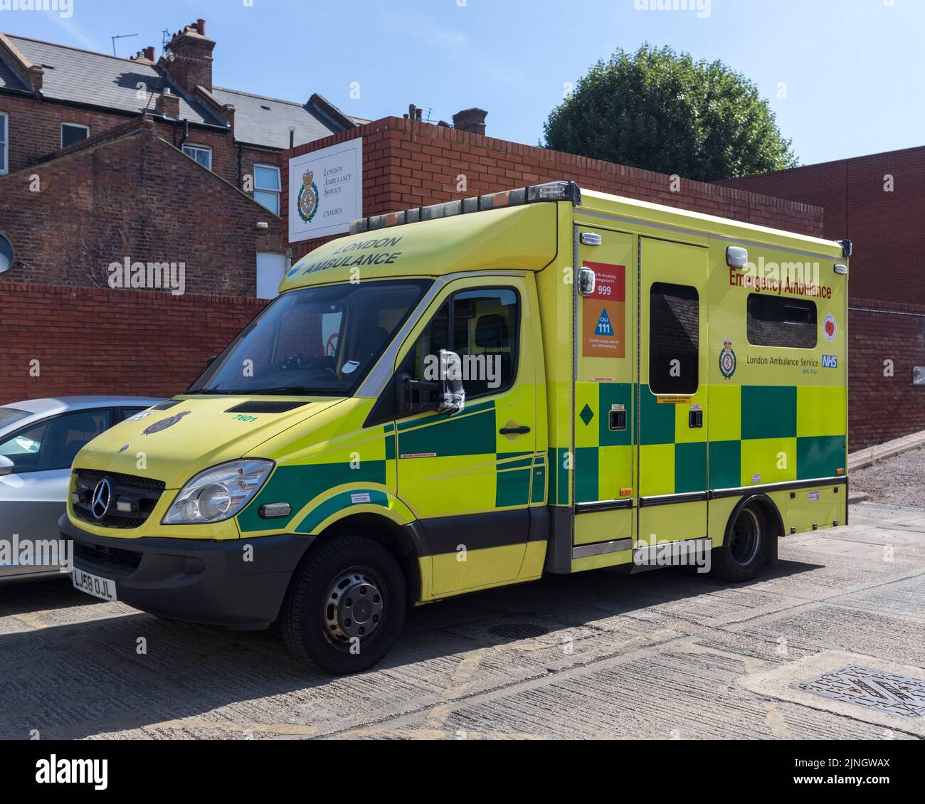 An ambulance parked at Camden Ambulance Station.  Image shot on 8th August 2022.  © Belinda Jiao   jiao.bilin@gmail.com 07598931257 https://www.belind Stock Photo