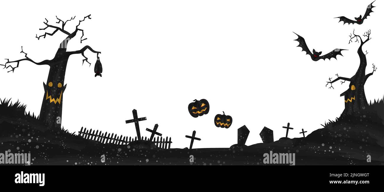 Illustration of a spooky graveyard with a haunted Halloween pumpkin and dead tree  Vector illustration Stock Vector