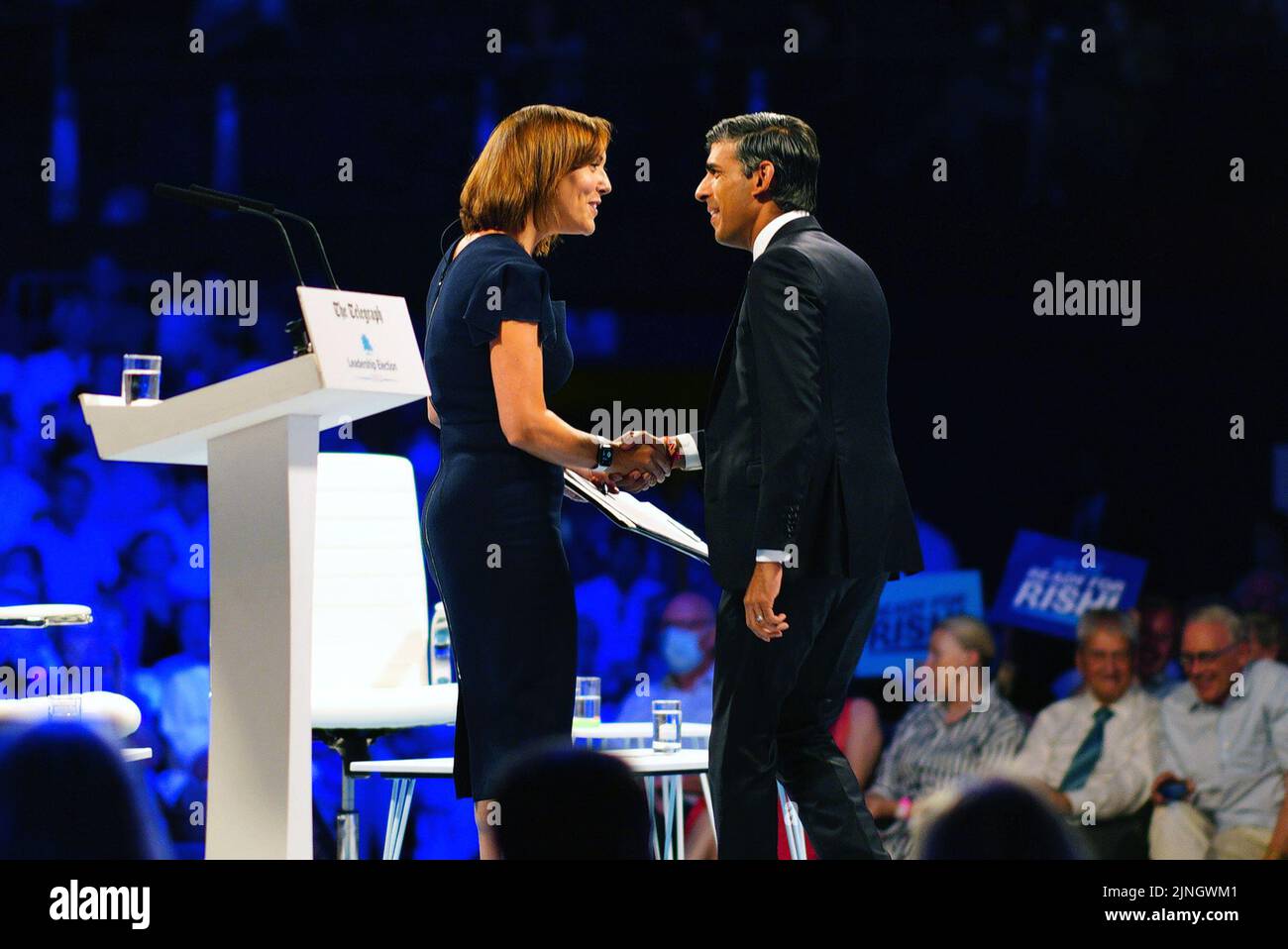 Rishi Sunak with Camilla Tominey, Associate Editor of The Daily Telegraph during a hustings event in Cheltenham, as part of the campaign to be leader of the Conservative Party and the next prime minister. Picture date: Thursday August 11, 2022. Stock Photo