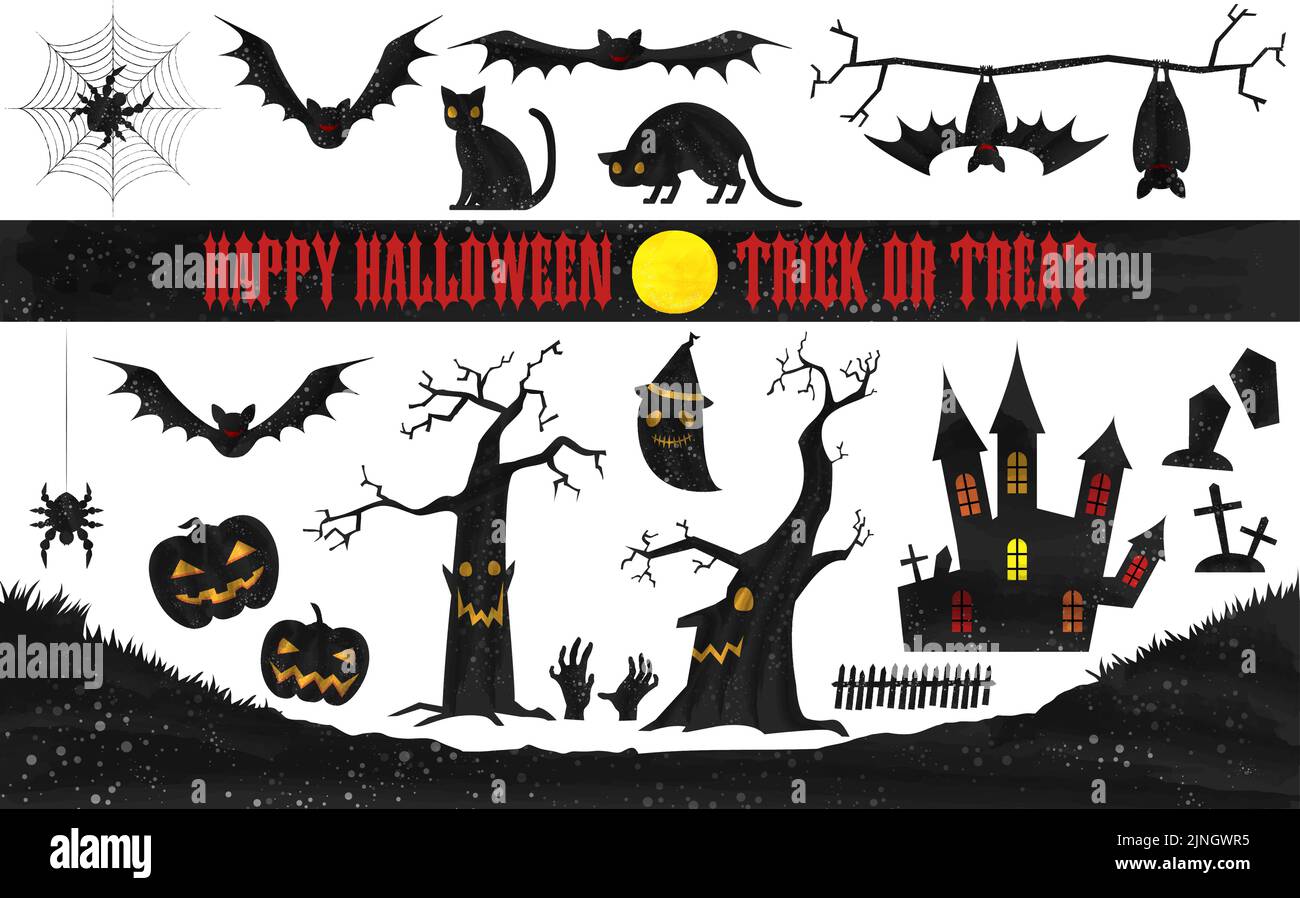 Halloween silhouette material set: old castle and bats, dead tree and pumpkin, cat  Vector illustration Stock Vector