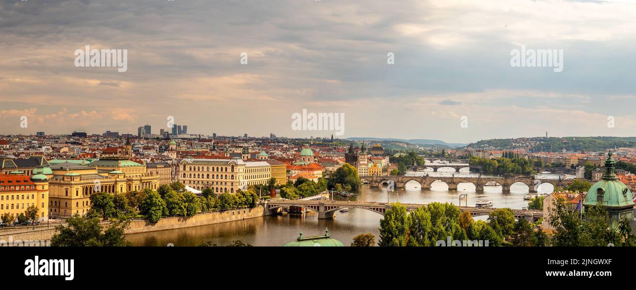 view of the old city of Prague with the Vltava River, bridges and towers, Prague, Czech republic Stock Photo