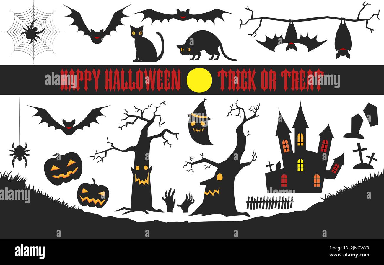 Halloween silhouette material set: old castle and bats, dead tree and pumpkin, cat  Vector illustration Stock Vector