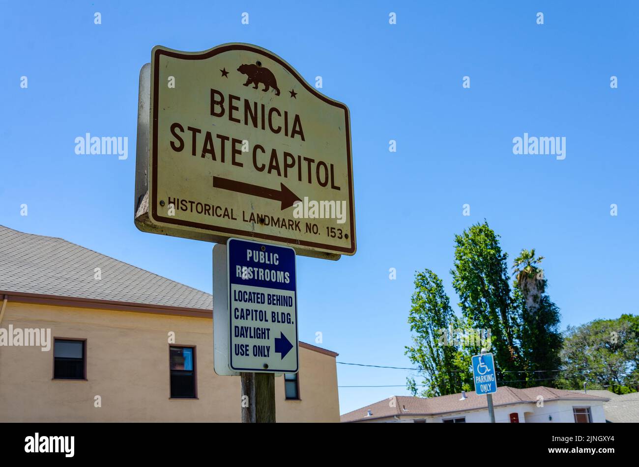 A sign giving directions to The Benicia State Capitol in Benicia, California, USA Stock Photo