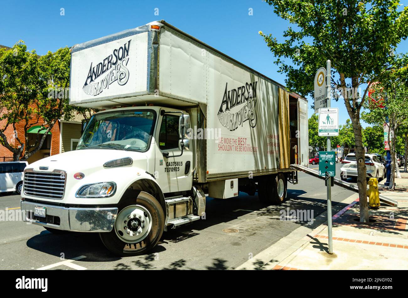 A removals van parked in the street in Benicia, California, USA Stock Photo