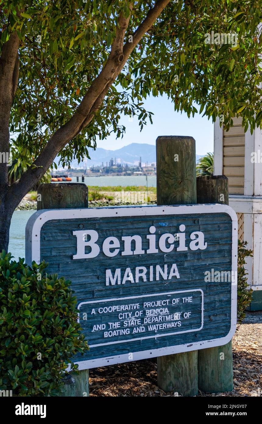 A sign at the entrance to Benicia Marina with information about the Marina. A sunny day with blue sky in California, USA Stock Photo