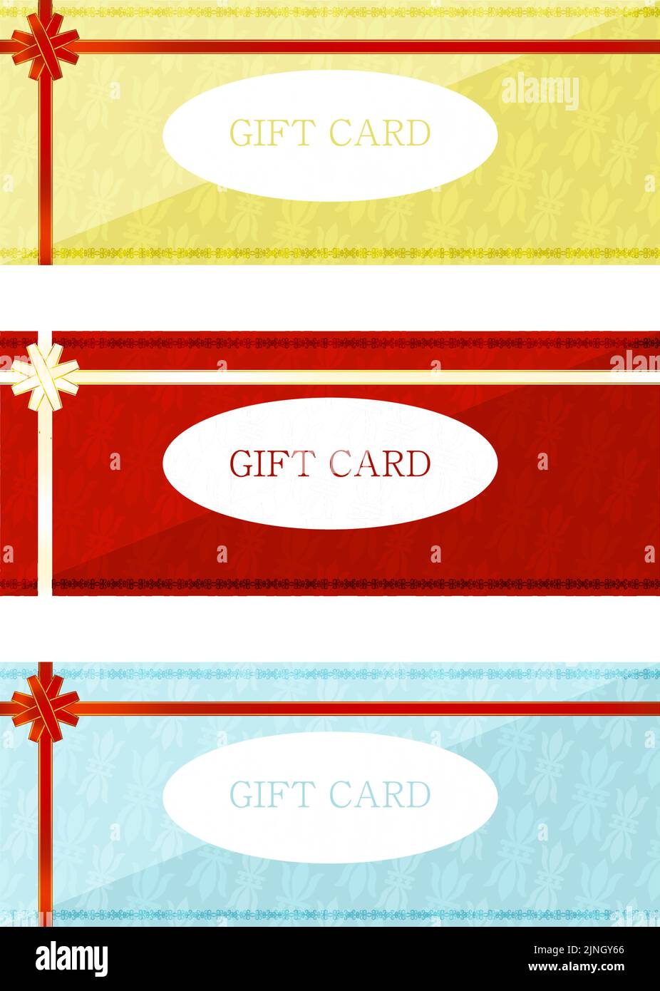 Illustration of yellow, red and blue gift card with wrapping ribbon