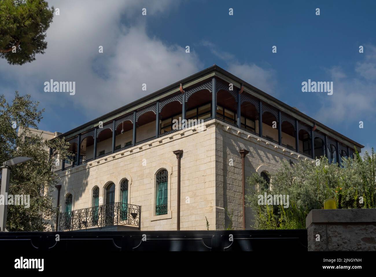 A renovated late-19th century house now owned by Jewish American billionaire Joseph Mordechai Tabak, who serves as the CEO of Princeton Holdings a New York City based real estate investment firm located on Ethiopia street in West Jerusalem Israel Stock Photo