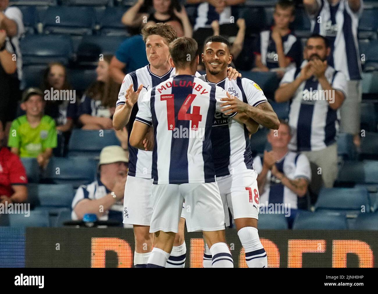 West Bromwich, England, 11th August 2022.   Karlan Grant of West Bromwich Albion (r) celebrates scoring the first goal during the Carabao Cup match at The Hawthorns, West Bromwich. Picture credit should read: Andrew Yates / Sportimage Stock Photo