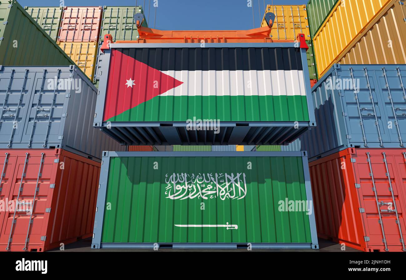 Cargo containers with Saudi Arabia and Jordan national flags. 3D