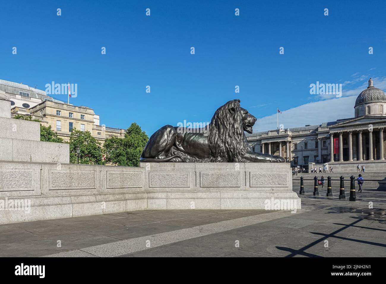 London, UK- July 4, 2022: Trafalgar Square. Black lion statue and National Gallery under blue sky. High Commission of Canada building with flag on the Stock Photo