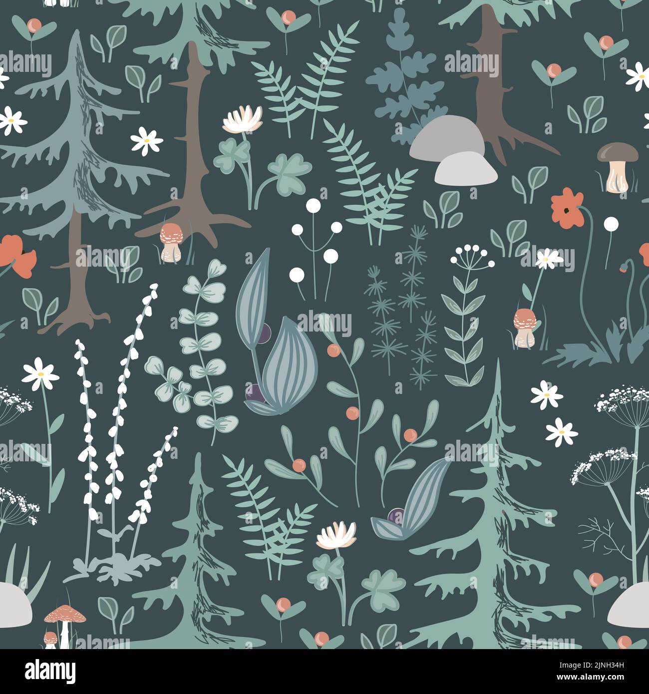 Doodle fairy woodland seamless pattern. Hand drawn forest plants on the ...