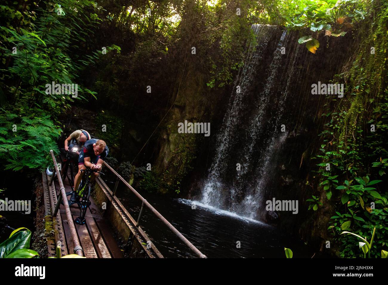 A cameraman seen shooting during the training of athlete Olaf Van Den Bergh in front of a waterfall. Dutch top athlete Olaf Van Den Bergh starts training in the indoor tropical rainforest of the Burgers' Zoo in Arnhem, in preparation for the Ironman World Championships in Kailua-Kona located in Hawaii. The Bush (indoor tropical rainforest) is the ideal training location because of the high humidity and temperature. (Photo by Ana Fernandez / SOPA Images/Sipa USA) Stock Photo