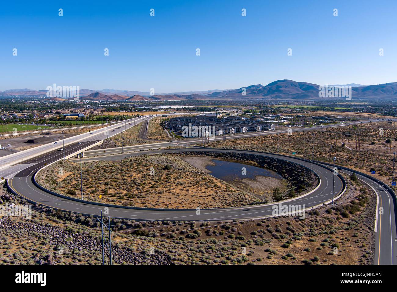 Aerial view of the Intersection of Mt. Rose Highway and I-580 in south Reno, Nevada facing south. Stock Photo