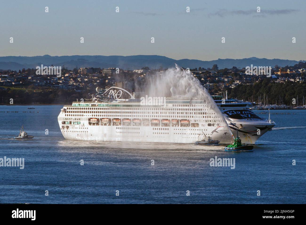 The Pacific Explorer arrives in Auckland being the first cruise ship to arrive in New Zealand following the reopening of maritime borders on 31 July Stock Photo