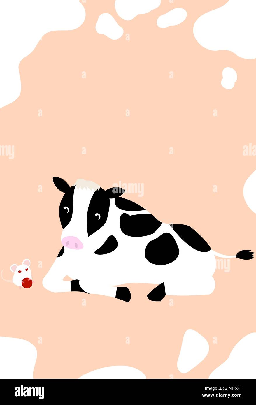 Holstein cow and mouse New Year's card illustration 2021 -Translation: Thank you for last year. Nice to meet you again this year. Stock Vector
