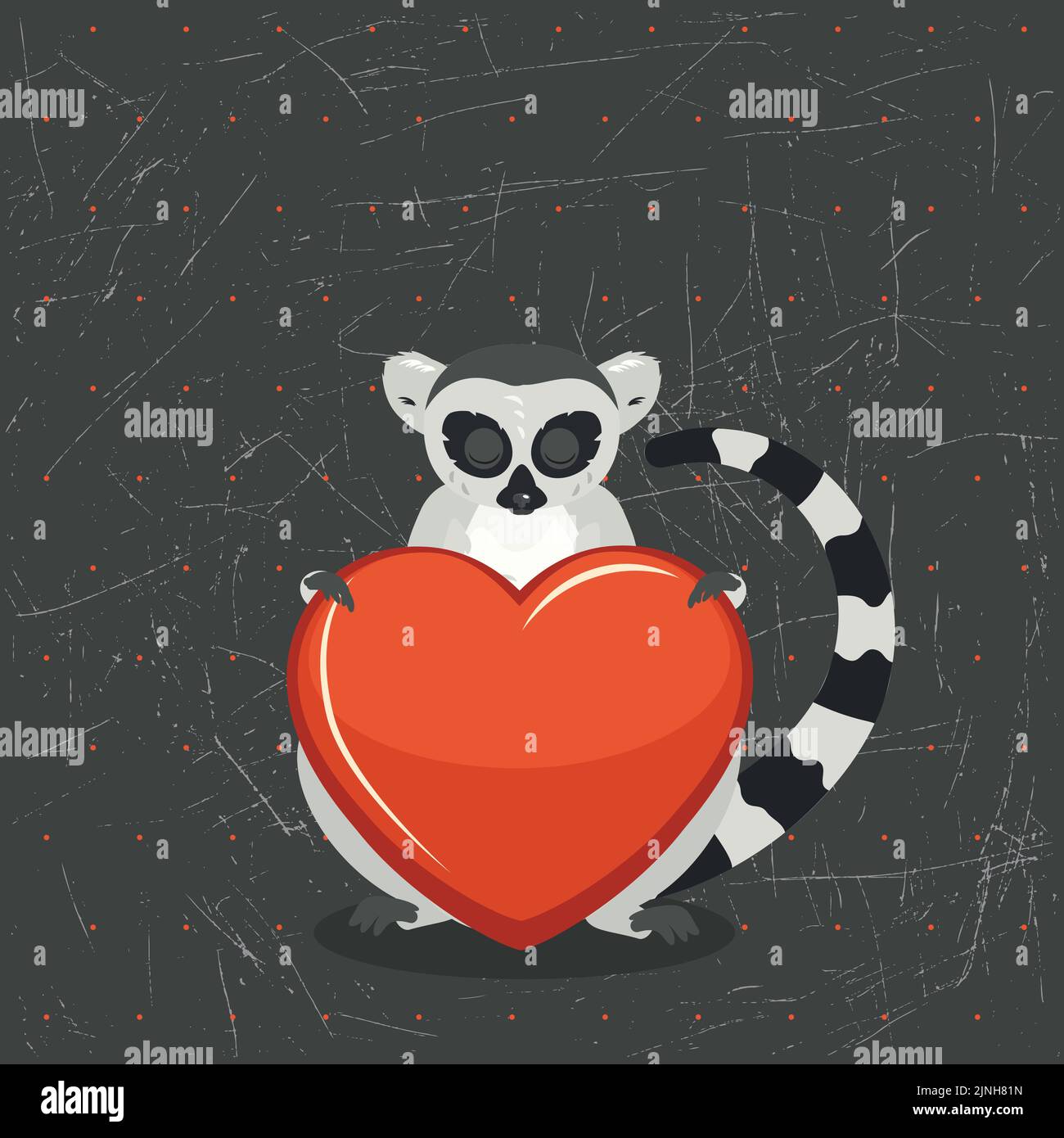 Cute cartoon gray lemur catta with big red heart illustration. Stock Vector