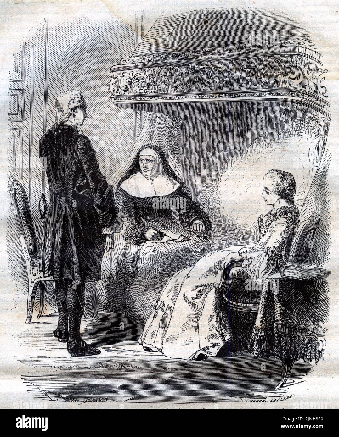 Engraving of an aristocrat meeting with a nun Stock Photo