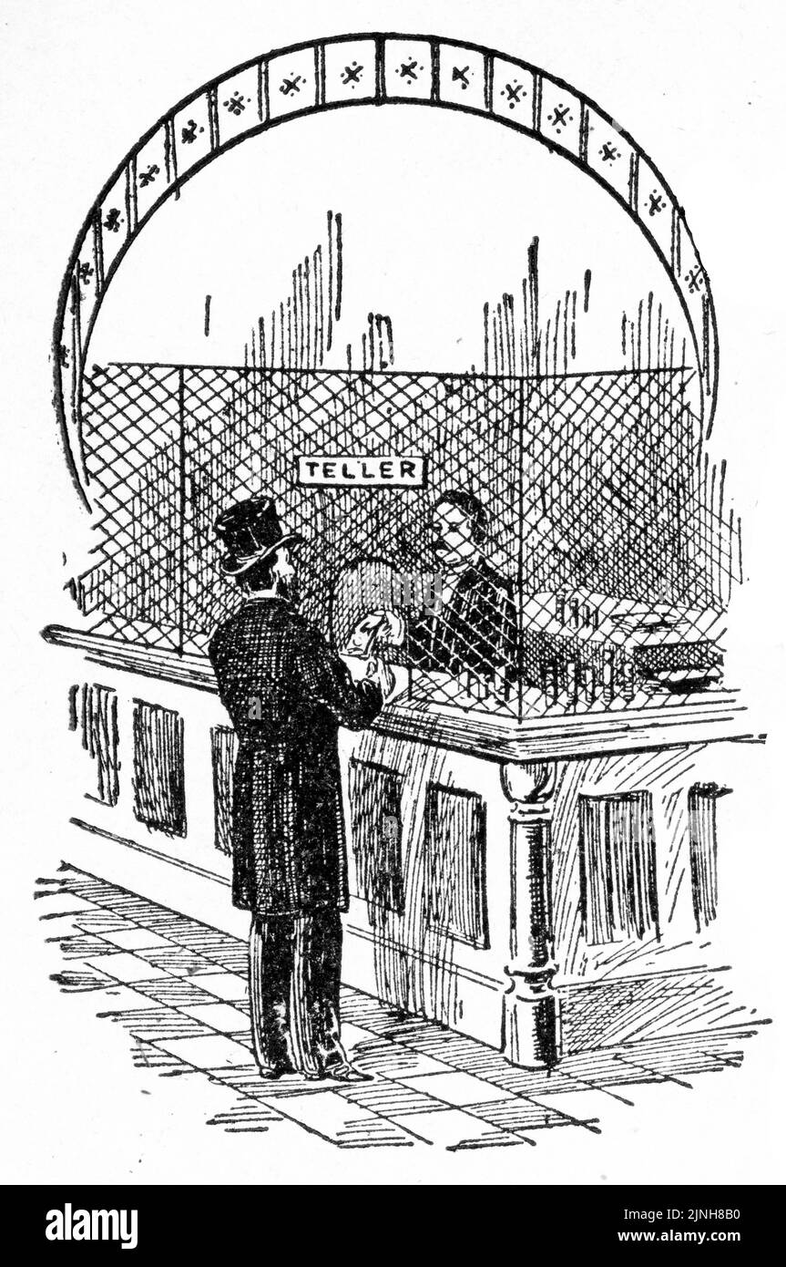 Engraving of a man in a top hat making a transaction with a teller at the bank Stock Photo