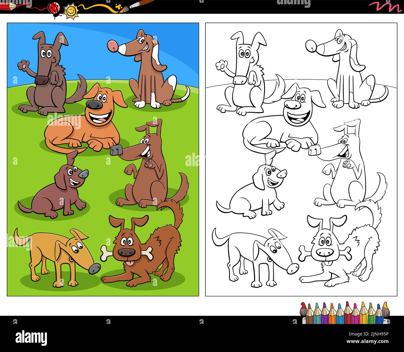 Cartoon illustration of funny dogs animal characters coloring page ...