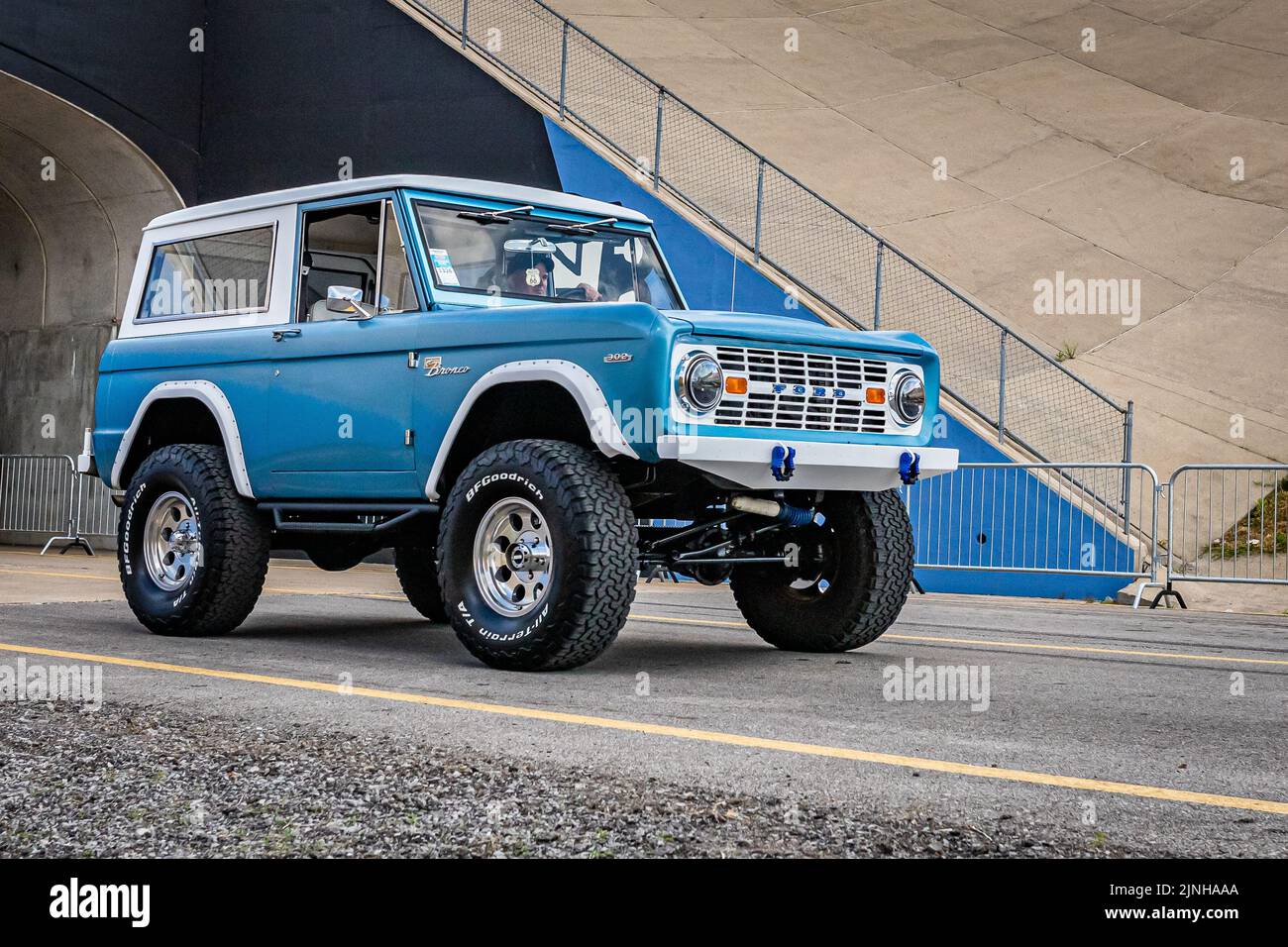 Lebanon, TN May 14, 2022 Wide angle front corner view of a 1976 Ford Bronco 302 Ranger