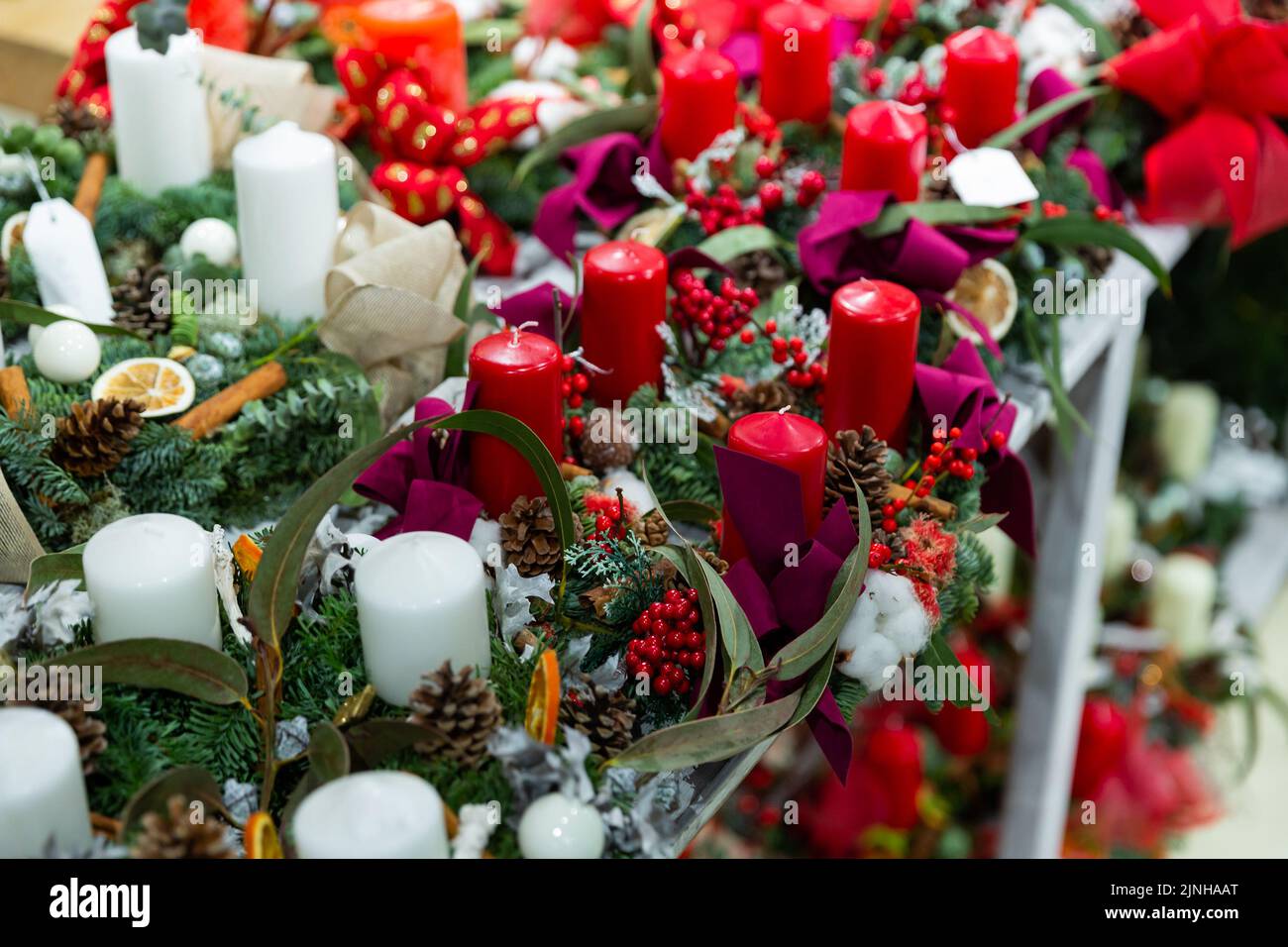Decorative christmas candles in home goods store Stock Photo Alamy