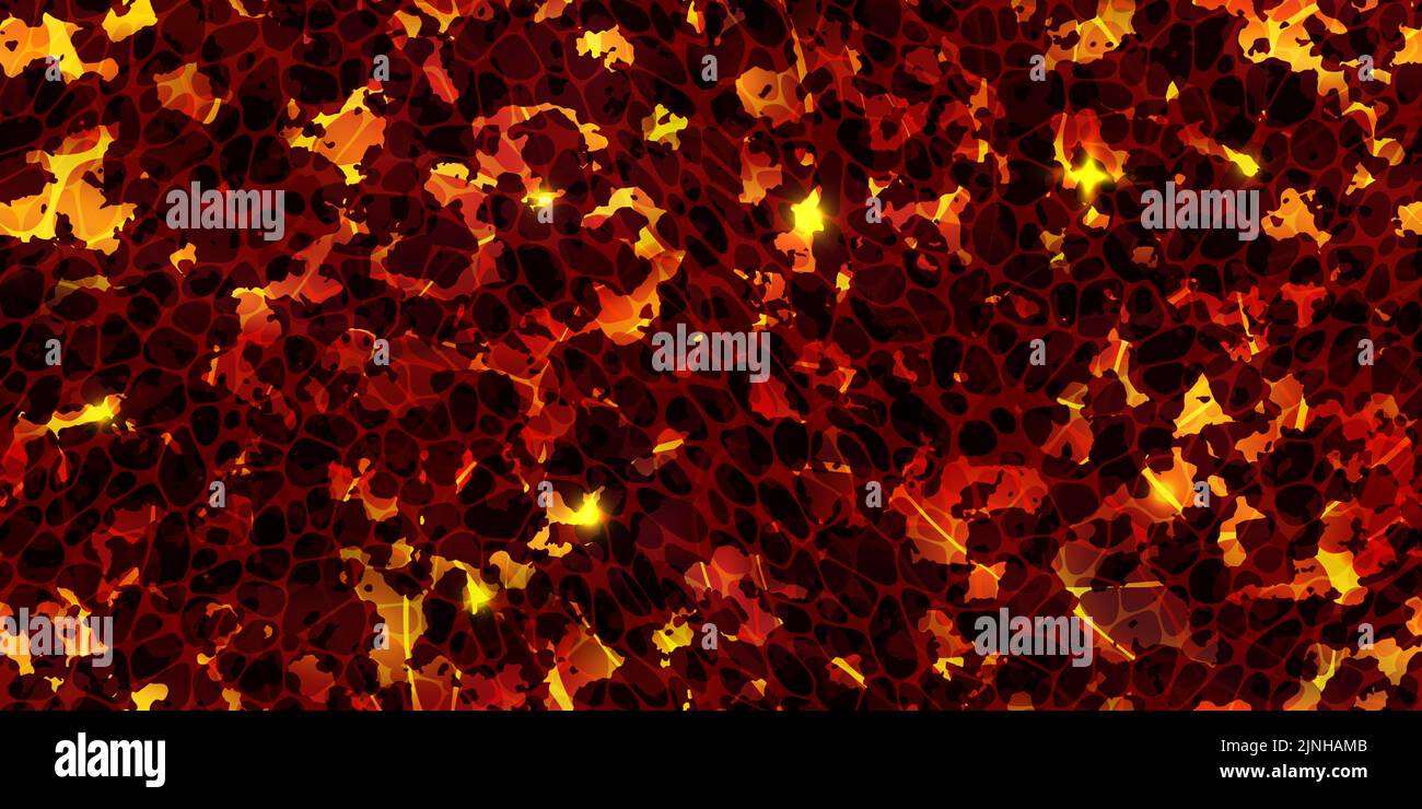 Seamless pattern of magma surface top view. Volcanic lava with cracked ground texture. Hot Broken crust with liquid flame. Abstract vector background. Stock Vector