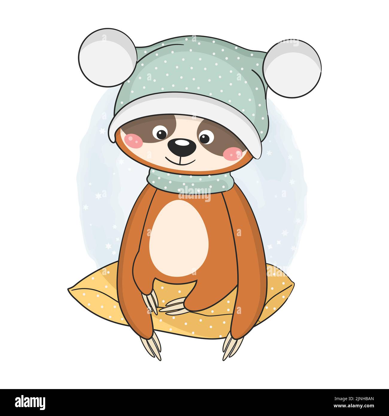 Cute baby sloth sitting on pillow. Stock Vector