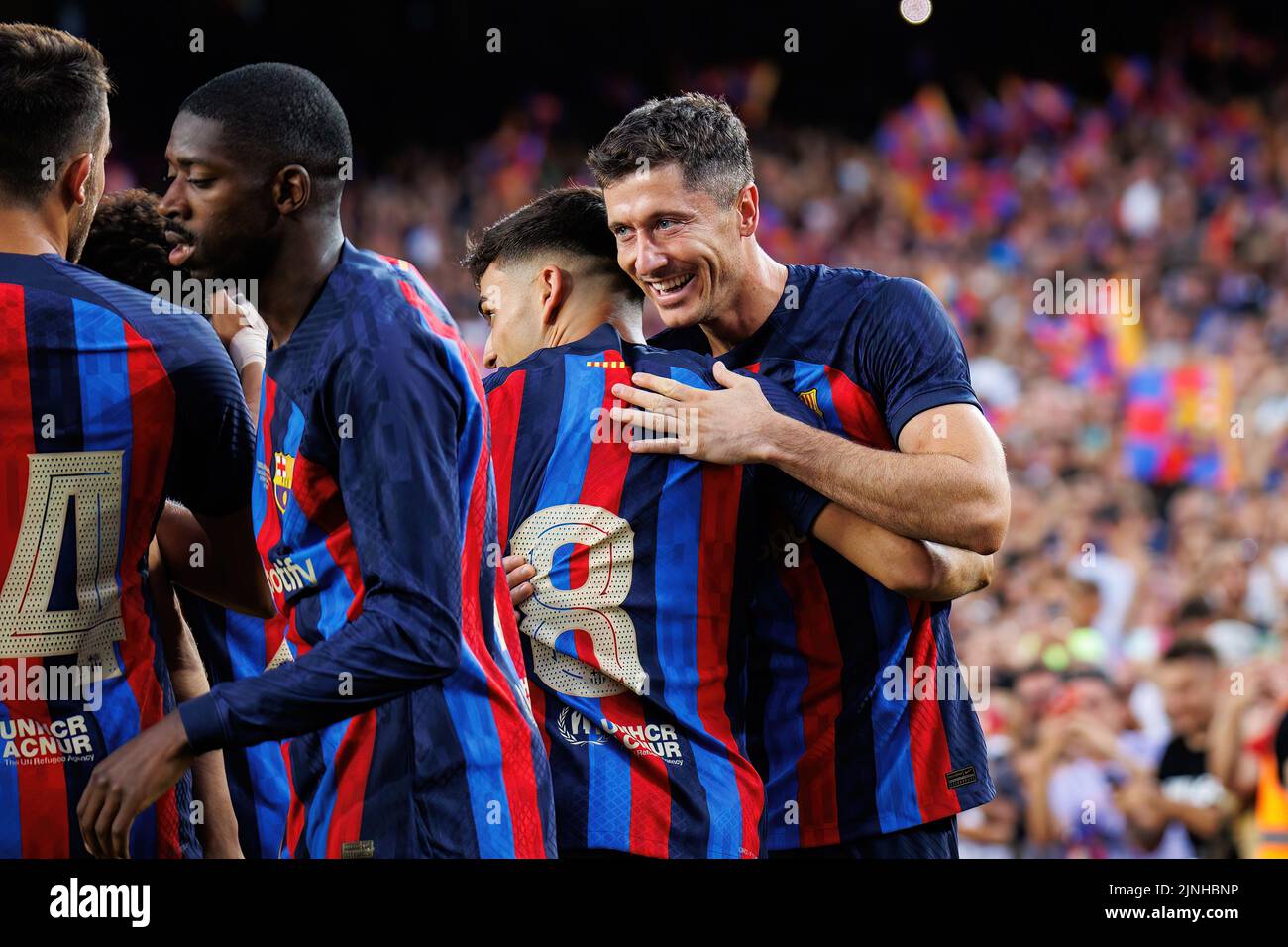 BARCELONA - AUG 7: Lewandowski celebrates after scoring a goal during the Joan Gamper Throphy match between FC Barcelona and Pumas at the Camp Nou Sta Stock Photo