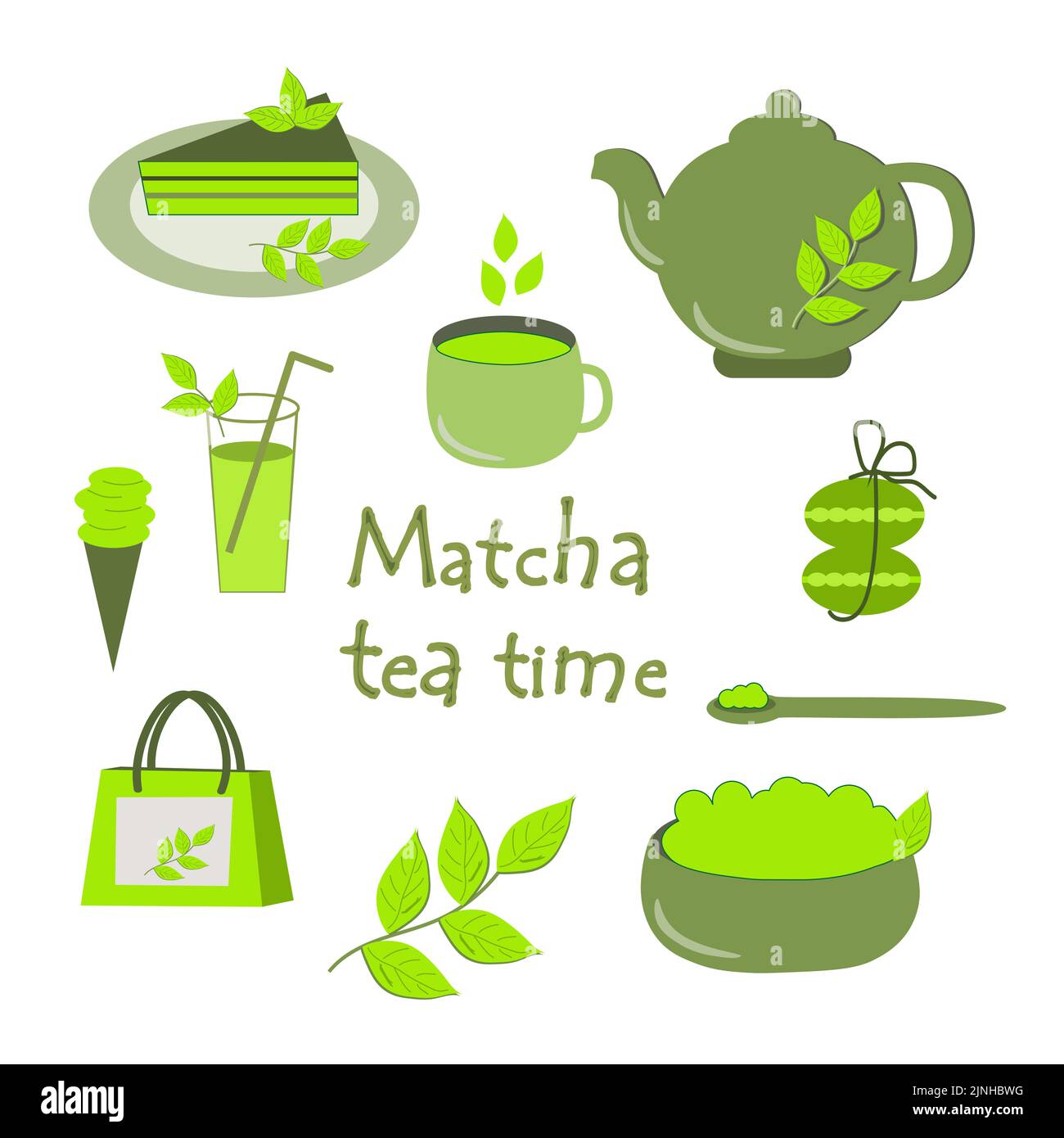 Matcha. Tea time. A green set that uses matcha, as well as drinks, pastries, matcha leaf packaging. Vector illustration. Stock Vector